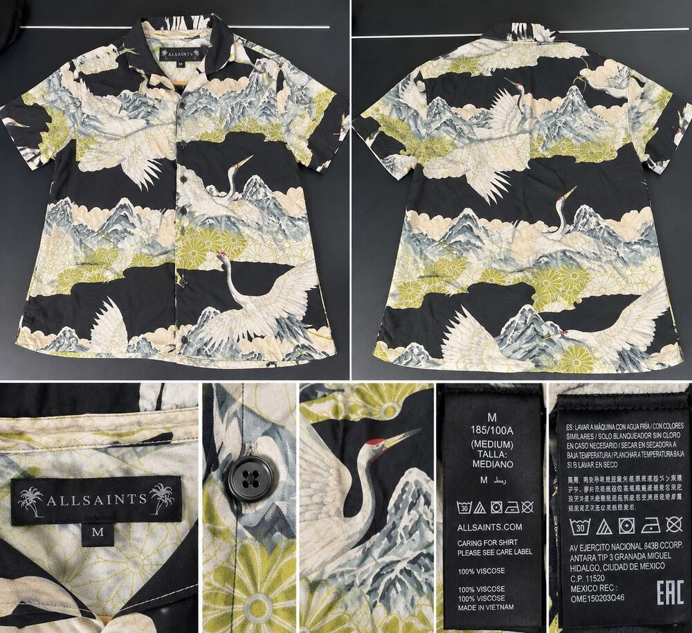 AllSaints Men’s M Crane Mountain Print Hawaiian Shirt 100% Viscose Black